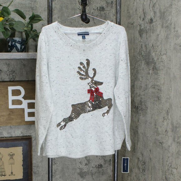 NWT Embellished Reindeer Christmas Sweater 1X Gray - Picture 2 of 4